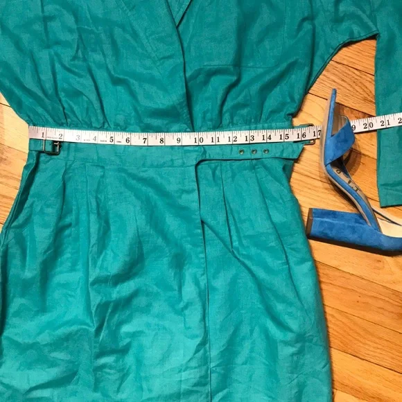 ✈️Nok Nok Vintage Ramie Teal Bodice wrap Overlay shirtdress Shift Sheath Pencil - Picture 11 of 16